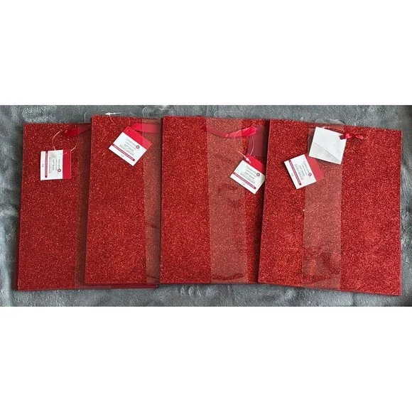 Set of 8 Red Glitter Christmas Gift Bags Holiday Present Bags Sparkly
