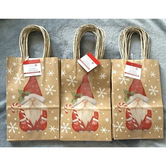 Christmas Gift Bags Gnome Design 18 Total Small Kraft Bags 8” Holiday
