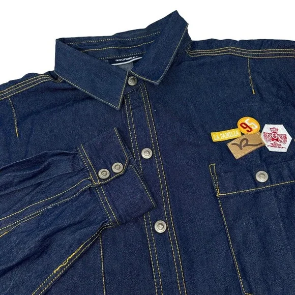 ROCAWEAR Vintage Mens Blue Denim‎ Button Up Jacket Trucker Hip Hop Y2K 3XL