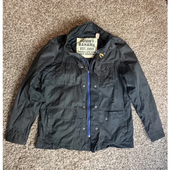 Tommy Bahama Mens Black Field Jacket Zip Front Utility Pocket 123-T5645 Large