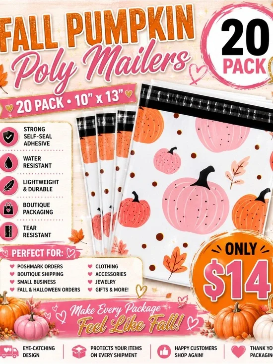 ★ 20 Pink Pumpkin Poly Mailers 10x13 Fall Boutique Shipping Bags