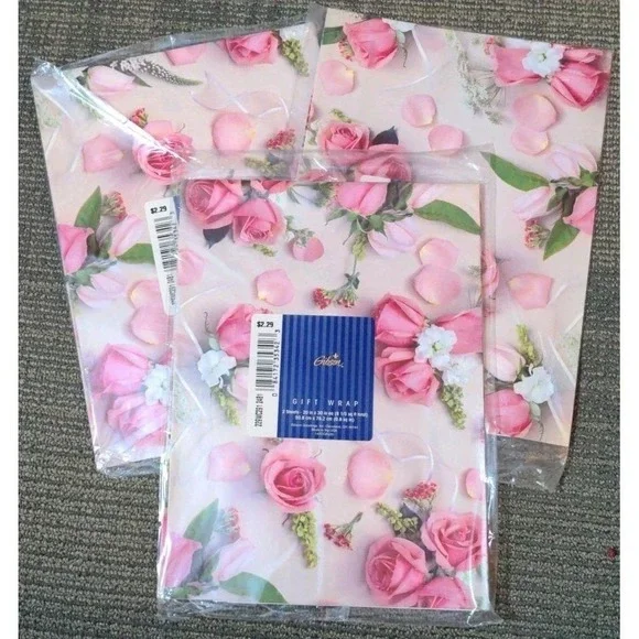 Vintage Pink Rose Gift Wrap Gibson‎ 2 Pk + 1, 5 Sheets NOS Flowers Valentines