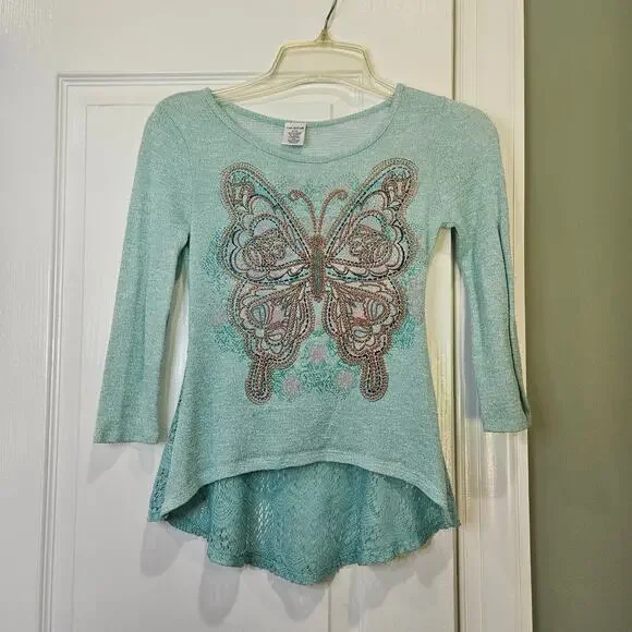 Miss Attitude Girl's Size S (7/8) Teal Butterfly Hi-Low Shirt‎
