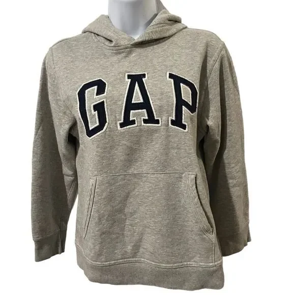 Gap Kids Gray Logo Hoodie Boys Large Used Cotton Hooded Sweatshirt