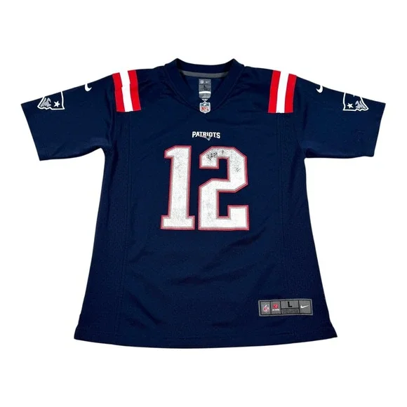 New England Patriots Football Jersey Youth Large Blue NFL Nike Brady 12 On Field