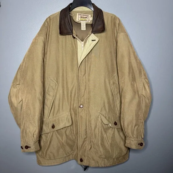 Cabelas Outfitter Series Mens XL Down Jacket XL Leather‎ Collar Barn Chore Parka