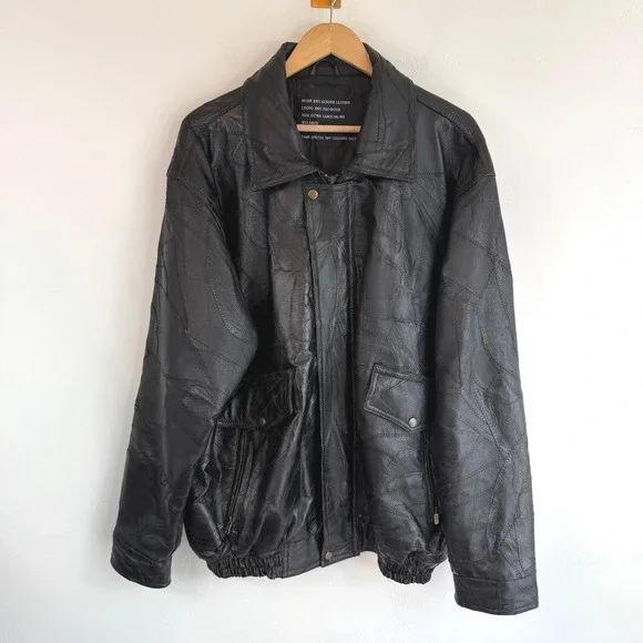 Vintage Genuine Leather Patchwork Bomber Jacket Black Oversized XL 90s Grunge