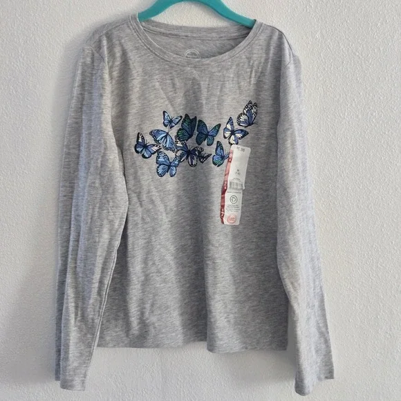 Wonder Nation Girls Gray Butterfly Graphic Long Sleeve T-Shirt Size‎ M 7-8 NWT