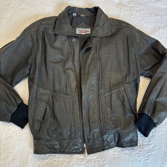 VTG Members Only Leather Bomber Jacket Textured Gray Hidden Zipper 1980s Sz40