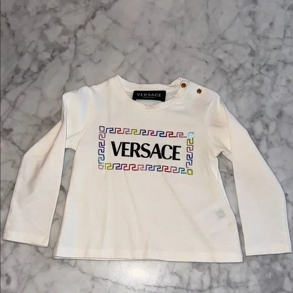 Versace Kids White Long Sleeve Shirt with glitter logo 12/18M