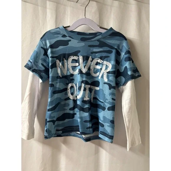 Kids Long Sleeve Camo Graphic T Shirt Never Quit Blue Size 4T-5T‎ NWOT