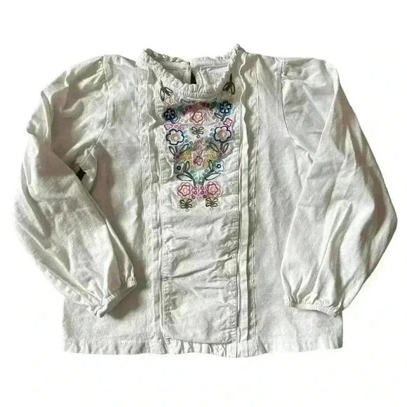 Girl's Mini Boden White Long Sleeve Embroidered Floral Shirt Size 6-7Y