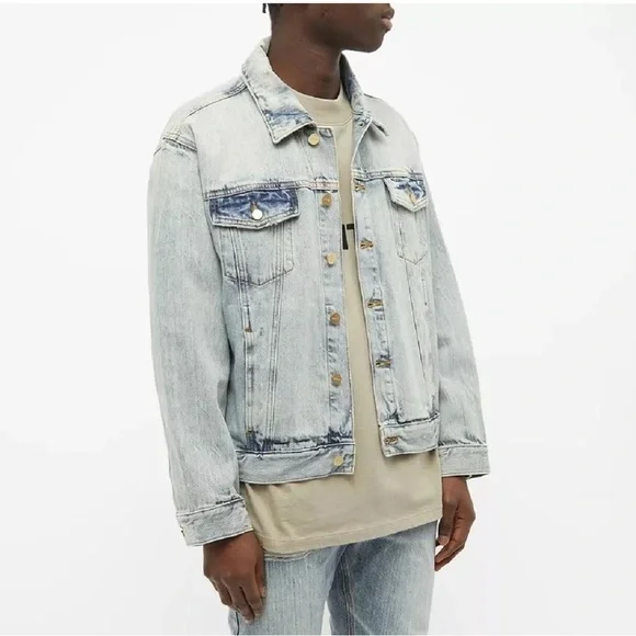 Fear Of God Essentials Denim Trucker Jean Jacket Indigo Blue Large Streetwear
