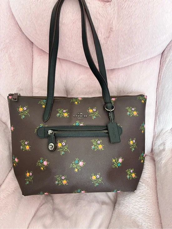 Coach Brown Floral Tote with Black Straps