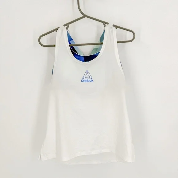 Reebok White and Blue Tank Top with Breathable Fabric
