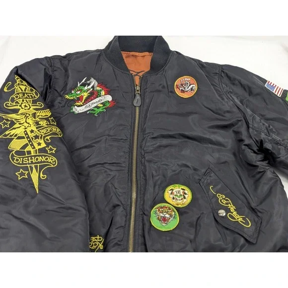 Ed Hardy Bomber Jacket Black Tattoo Patch Dragon Mens‎ Large
