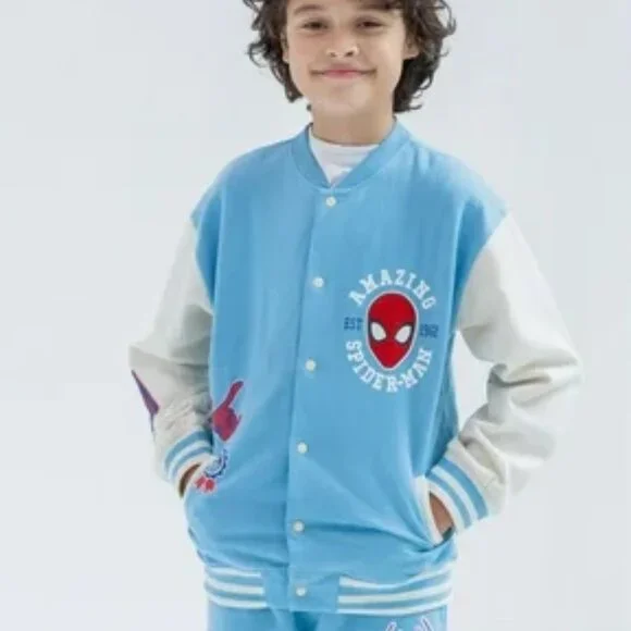 Marvel Spiderman Varsity Bomber Jacket Boys Sz 6 Graphic Print Blue White