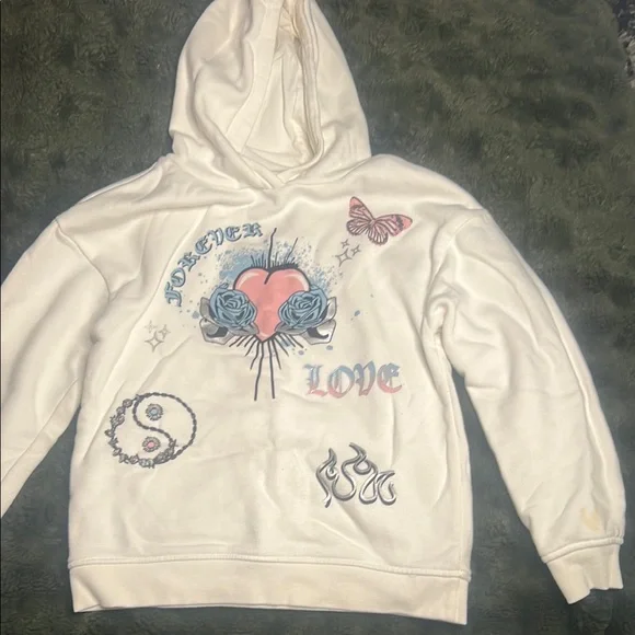 Primark White Hoodie with Blue and Pink Graphics