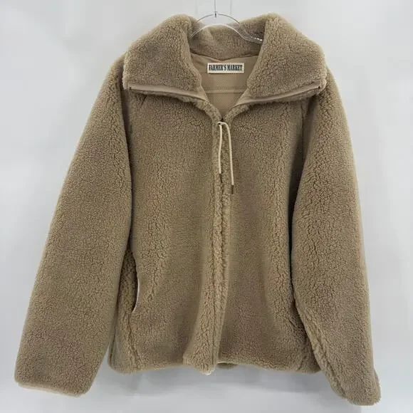 FARMER'S MARKET Mens Fleece Full Zip Jacket Size M Oversized Boxy Cotton Linen
