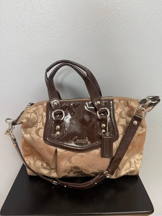 Coach Two-Tone Signature Satchel in Brown and Tan