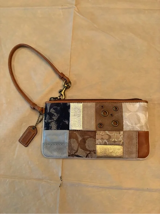 Coach Patchwork Wristlet in Brown, Tan & Gold Accents