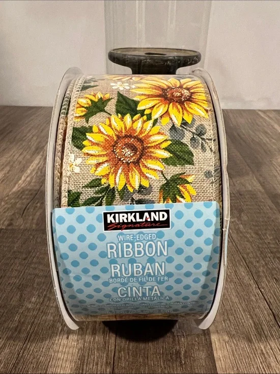 Kirkland Signature Sunflower Decorative Wired Ribbon - Yellow & Green on Natural
