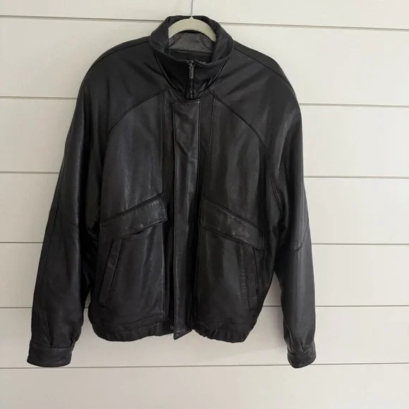 Vintage Collezione Black Leather Bomber Jacket Men's Size Large Full Zip EUC