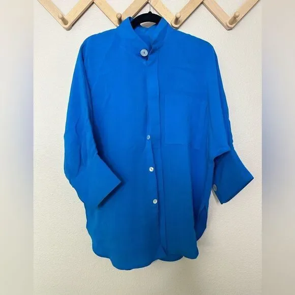 Fridaze Blue Linen Blouse Button Down Sz S