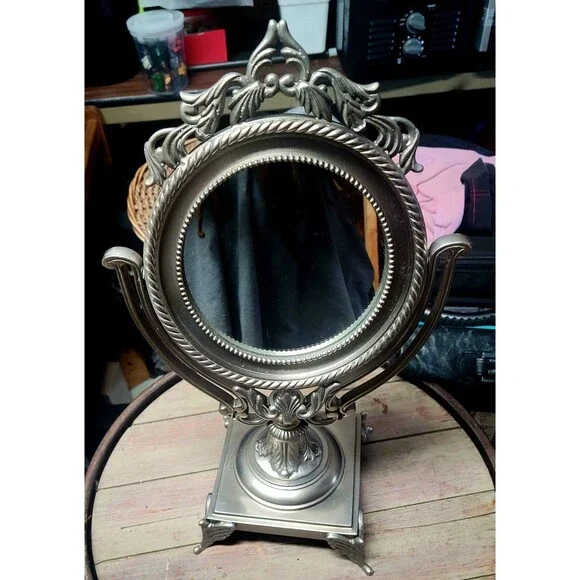 Antique French Brass Table Mirror, Baroque Round Vanity Mirror, Patina