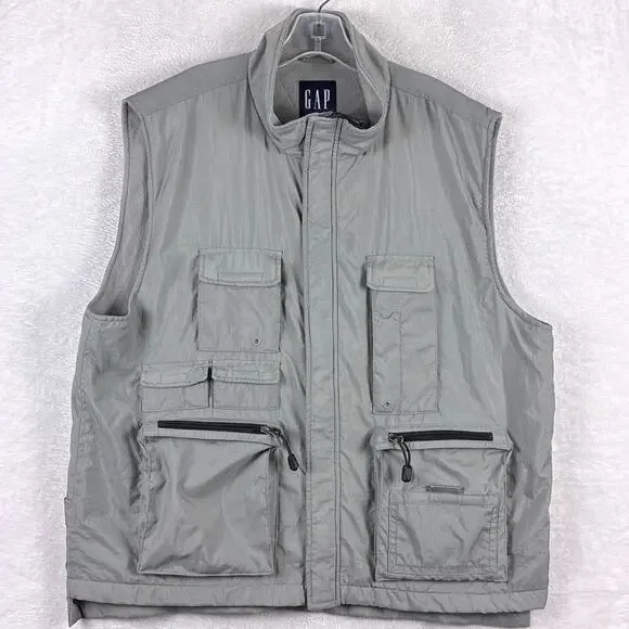 VTG Y2K Gap Cargo Utility Vest Mens XL Gray Nylon Fleece Skate Outdoors Hiking