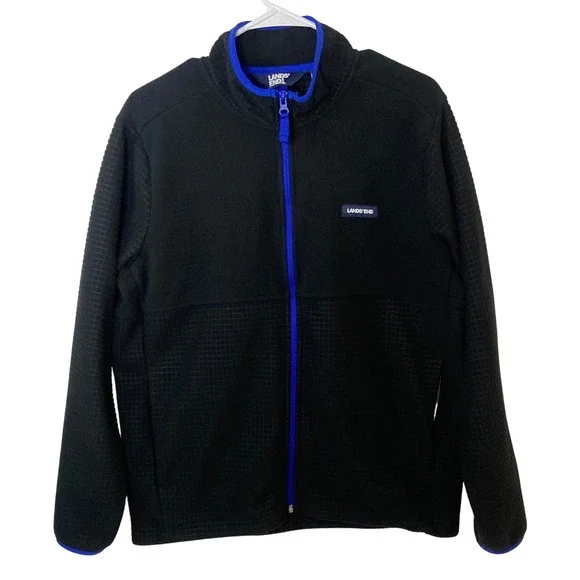 Lands End Black Fleece Jacket Mens Size Medium Zip Up Blue‎ Trim Textured
