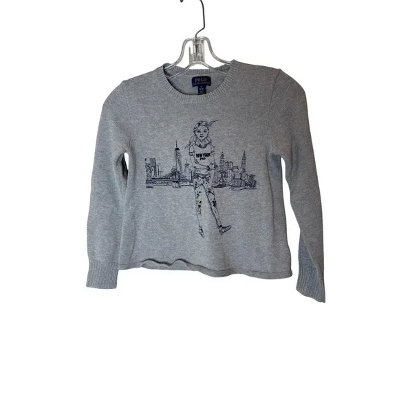 Polo Ralph Lauren Sweater Girls Medium 8-10 Gray New York City Graphic‎ Cotton