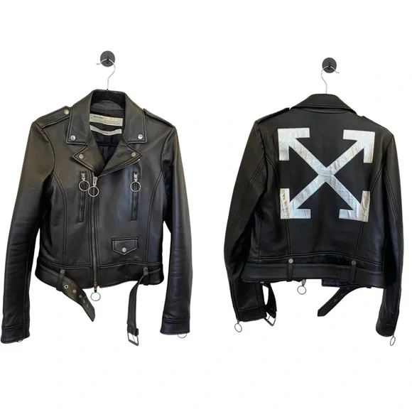 Off-White Virgil Abloh Black Leather Jacket With Metallic Silver X Size 44