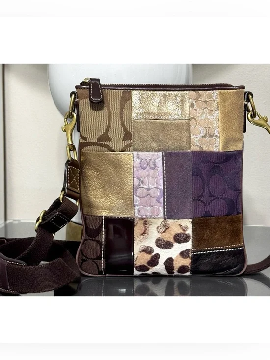 COACH Patchwork Swingpack Crossbody Leopard Haircalf Metallic