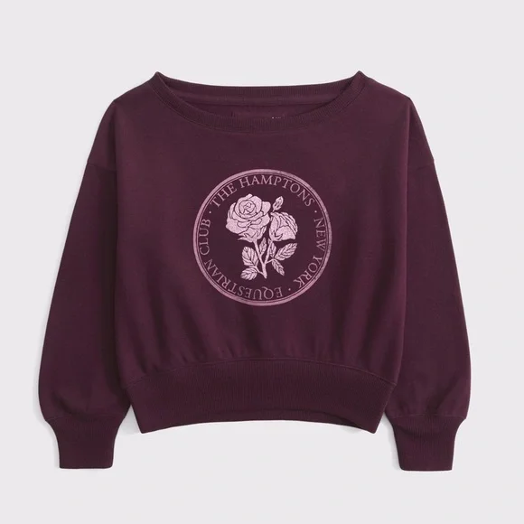 Abercrombie Kids Deep Plum Off the Shoulder Graphic Sweatshirt NWT YOUTH 13/14