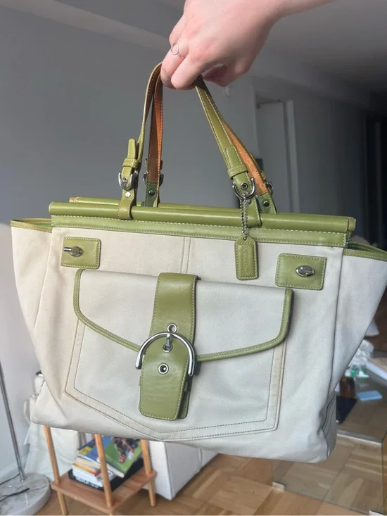 Coach Canvas and Olive Green Leather Tote Bag
