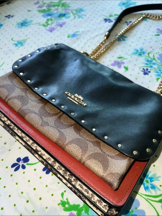 Coach Klare Leather Brown Monogram Crossbody with Snake Print Accent