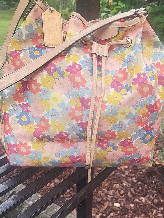 Coach Multicolor Floral Drawstring Hobo with Pink Trim