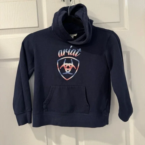 Ariat Hoodie Girls Sz‎ 8 Blue REAL Fleece Pullover Logo Graphic Kangaroo Pocket