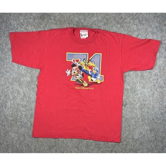 Vintage Walt Disney World 71 Football T Shirt Youth XL Mickey Goofy Donald Red