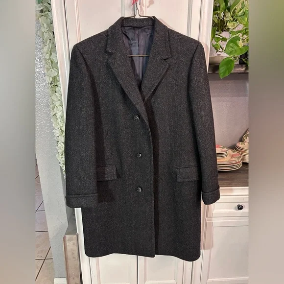 Vintage Bamberger's Mens Charcoal Grey Herringbone Wool Overcoat Long Jacket