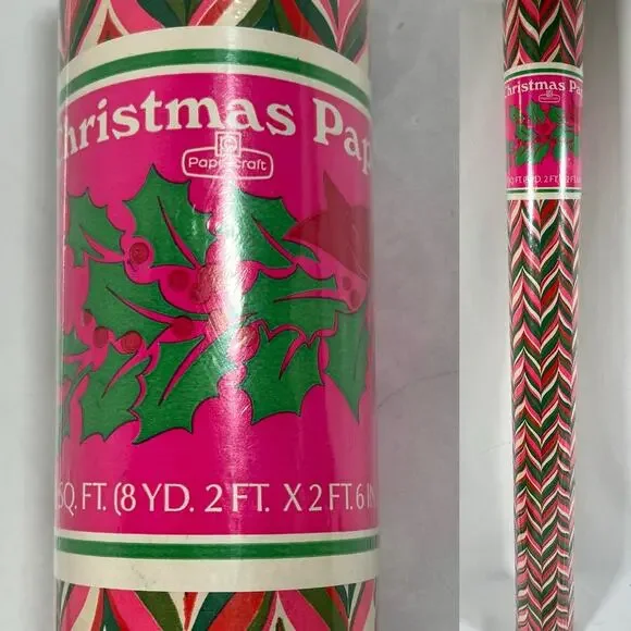 Vintage Roll Gift Wrap Christmas Paper Papercraft Pink Green Mod SEALED Wrapping