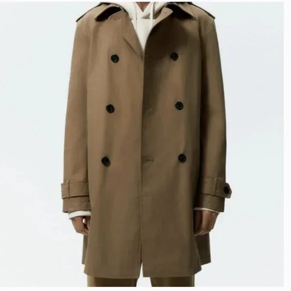 ZARA CAMEL DOUBLE BREASTED BELTED WATER REPELLENT SHORT TRENCH COAT