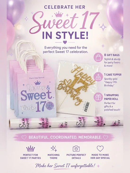 17th Birthday Party Bundle – Sweet 17 Bags, Cake Topper, Gift Wrap