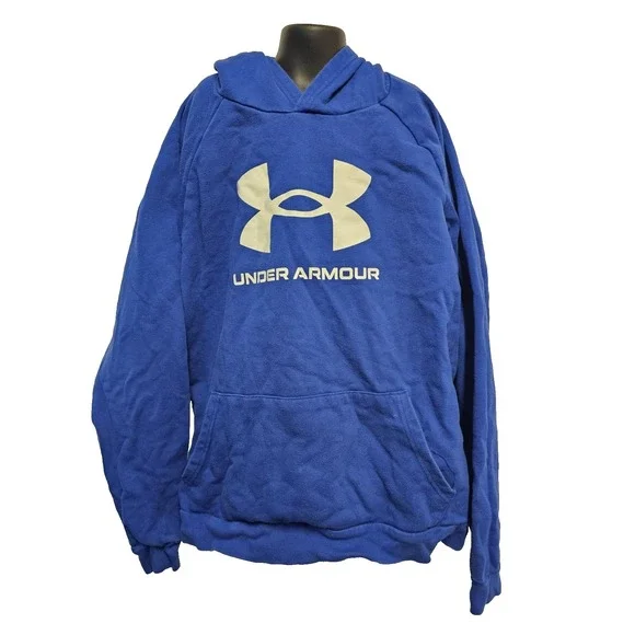 Under Armour Youth XL blue with white logo hooded sweatshirt front pocket