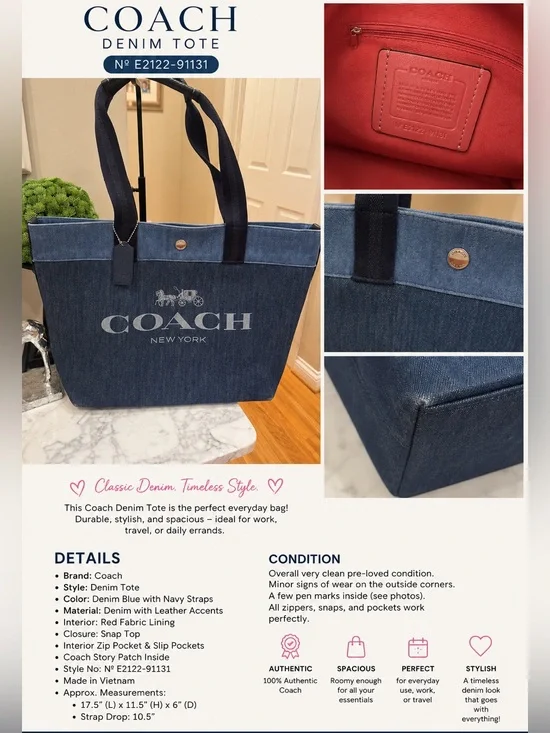 Coach Denim Logo Tote Bag Blue Denim w/Leather Trim VERY NICE CONDITION