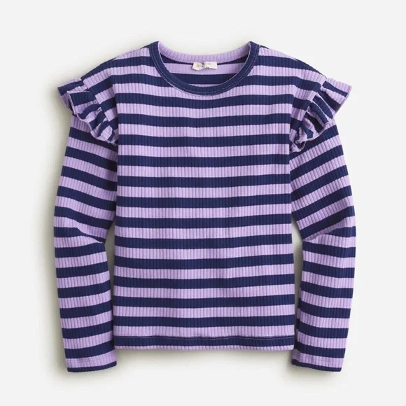 New CREWCUTS Girls Size XL Ruffle-Shoulder Ribbed T-shirt Stripe $39 BT963
