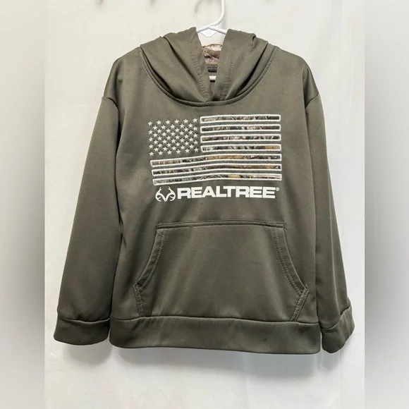 Realtree Boys Size 5 Dark Green Camouflage Flag Sweatshirt Hoodie 0112