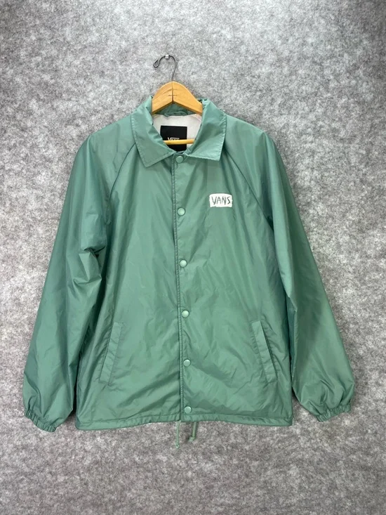 Vans Jacket Mens Small Green Snap Front Fleece Lined Coach Skate Windbreaker