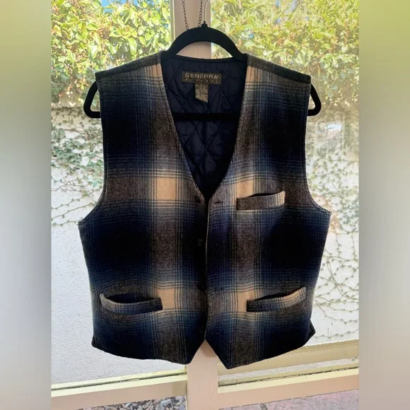 Vintage 90s Generra Reserve Wool Blend Blue & White Plaid Gorpcore Grunge Vest